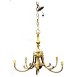 AN EARLY 20TH CENTURY BRASS FIVE LIGHT CHANDELIER, 56CM H INCLUDING SUSPENSION RING, WITH CHAIN