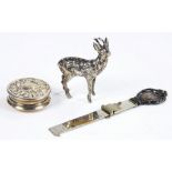 A SILVER MINIATURE MODEL OF A DEER, 6CM H APPARENTLY UNMARKED, A VICTORIAN SILVER EMBOSSED PILL