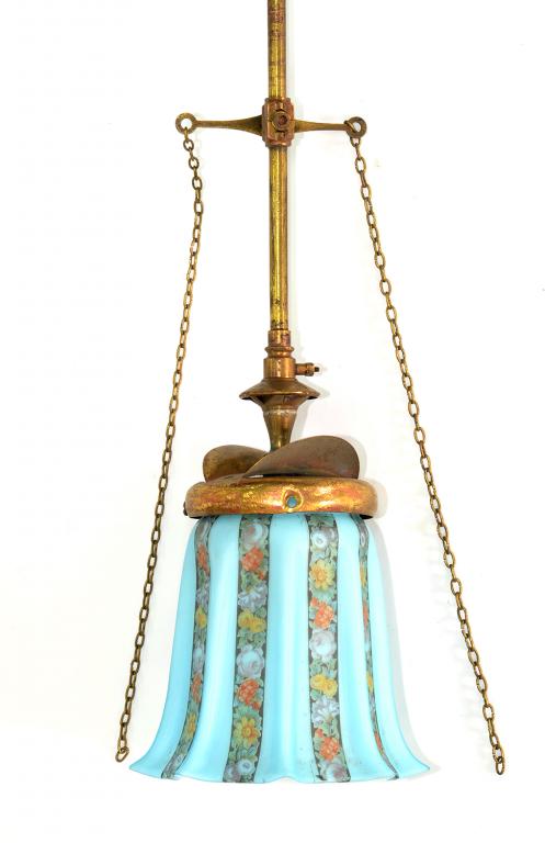 A LATE VICTORIAN LACQUERED BRASS GAS LAMP PENDANT WITH EARLY 20TH C FLORAL GLASS LAMPSHADE, 152CM H