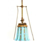 A LATE VICTORIAN LACQUERED BRASS GAS LAMP PENDANT WITH EARLY 20TH C FLORAL GLASS LAMPSHADE, 152CM H