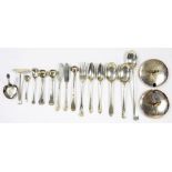 MISCELLANEOUS SMALL SILVER FLATWARE AND A PAIR OF PRESERVE POT COVERS, VARIOUS MAKER'S AND DATES,