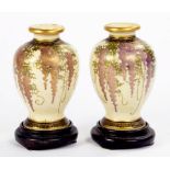 A PAIR OF JAPANESE SATSUMA MINIATURE VASES DECORATED WITH WISTERIA, 9CM H, BLACK AND GILT MARK,