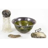 A SOUTH EAST ASIAN SILVER MOUNTED GREEN STONE BOWL, 10CM DIAM, A CUT GLASS BOTTLE WITH EMBOSSED