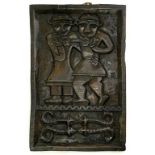 TRIBAL ART. A CARVED WOODEN PANEL OF A COUPLE AND FOUR LIZARDS, 46 X 31CM