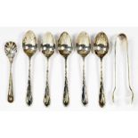 A SET OF FIVE GEORGE V SILVER COFFEE SPOONS AND A PAIR OF SUGAR BOWS EN SUITE, SHEFFIELD 1911 AND '
