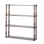 A SET OF VICTORIAN MAHOGANY FOUR TIER HANGING SHELVES C1880 suspended from brass rings, 91 cm h,