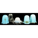 THREE SIMILAR LIGHT BLUE GLASS ELECTRIC PENDANT LIGHT SHADES AND TWO OTHERS, ALL EARLY 20TH C