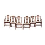 A SET OF SIX MAHOGANY DINING CHAIRS, 19TH C the pair of elbow chairs 99cm h ++Replacements and