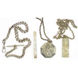 A SILVER ALBERT, EARLY 20TH C, A SILVER ST CHRISTOPHER PENDANT, A SILVER INGOT PENDANT, TWO NECKLETS