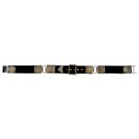 A VICTORIAN SILVER MOUNTED BLACK VELVET LADY'S BELT, WITH BUCKLE, THE MOUNT, ENGINE TURNED AND