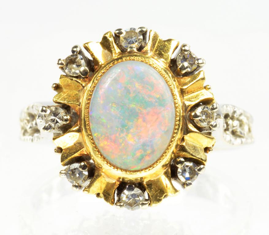 AN OPAL AND DIAMOND CLUSTER RING, IN GOLD WITH PIERCED HOOP, SIZE M, 6.3G