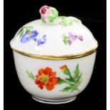 A MEISSEN MINIATURE BOWL AND COVER PAINTED WITH FLOWERS, ROSE KNOP, 6CM H, CROSSED SWORDS, 20TH C