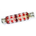 A VICTORIAN SILVER MOUNTED, DOUBLE ENDED RUBY FLASHED AND CUT GLASS COMBINATION SCENT AND SALTS
