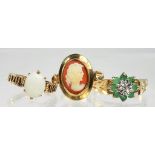 THREE GOLD RINGS, VARIOUSLY GEM SET, SIZES O, P, V, 11.3G