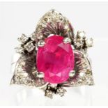 A FRENCH RUBY AND DIAMOND FLOWER SHAPED RING, IN WHITE GOLD, INDISTINCTLY MARKED, C MID 20TH C, SIZE