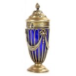 A VICTORIAN SILVER OPENWORK CASTER AND COVER APPLIED WITH SWAGS, BLUE GLASS LINER, 216CM H, LONDON