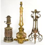 A VICTORIAN ORMOLU MOUNTED ENGLISH PORCELAIN LAMP, 50CM H EXCLUDING LATER ELECTRIC BULB HOLDER, A