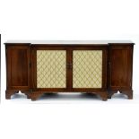 A MAHOGANY BREAKFRONT SIDEBOARD, THE CENTRE DOORS WITH BRASS GRILLES, 79CM X 178CM X 45CM