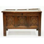 AN 18TH C CARVED OAK BLANKET BOX, 69CM H X 107CM W