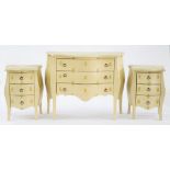 A BESPOKE HAND PAINTED CHEST AND A MATCHING PAIR OF BEDSIDE TABLES WITH PAINTED FAUX MARBLE TOPS,