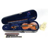 A VIOLIN AND BOW, CASED, TWO RECORDERS AND A METRONOME