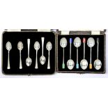 A HARLEQUIN SET OF SIX ART DECO SILVER AND ENAMEL COFFEE SPOONS, BIRMINGHAM 1947, CASED AND