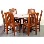 TEAK GARDEN FURNITURE COMPRISING AN OCTAGONAL TABLE, SET OF SIX CHAIRS AND A PARASOL BY PARK LANE,