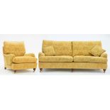 A DURESTA SOFA, 210CM X 98CM AND ARMCHAIR UPHOLSTERED IN GOLD JANE CHURCHILL FABRIC DECORATED WITH