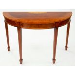 AN INLAID MAHOGANY DEMI-LUNE TABLE ON SQUARE TAPERING LEGS, 81CM H X 114CM W