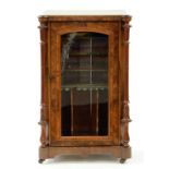 A VICTORIAN BURR WALNUT AND LINE INLAID MUSIC CABINET WITH GLAZED DOOR, 100CM H