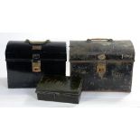 RAILWAYANA. TWO BLACK JAPANNED TINPLATE RAILWAYMAN'S LODGING BOXES APPLIED WITH EMBOSSED METAL TRADE