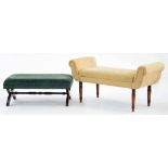 AN UPHOLSTERED WINDOW SEAT, 128CM W AND AN UPHOLSTERED FOOTSTOOL