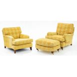 A PAIR OF ARMCHAIRS AND A FOOTSTOOL UPHOLSTERED IN GOLD JANE CHURCHILL FABRIC