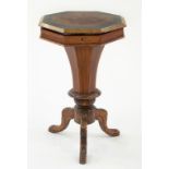 A VICTORIAN MAHOGANY AND WALNUT OCTAGONAL WORKTABLE, 70CM H