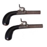 A PAIR OF BELGIAN 54 BORE PERCUSSION POCKET PISTOLS, C1840 with rifled, watered barrel, scroll