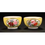 TWO DERBY, KING STREET, YELLOW GROUND BOWLS, EARLY 20TH C painted with an oval reserve of flowers,