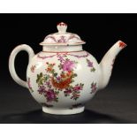 A LOWESTOFT POLYCHROME GLOBULAR TEAPOT AND COVER WITH CURTIS STYLE DECORATION, C1785-90 13.5cm h ++