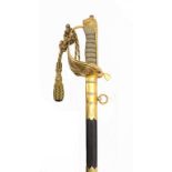 A ROYAL NAVAL OFFICER'S SWORD AND SCABBARD BY GIEVES LTD, 20TH C with etched blade, gilt hilt and