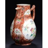 A CHINESE EXPORT PORCELAIN MARBLED GROUND FAMILLE ROSE BALUSTER JUG AND COVER, C1770 painted with