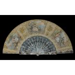 A FRENCH MOTHER OF PEARL FAN, LATE 19TH C the leaf printed and painted with three scenes of