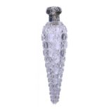 A VICTORIAN SILVER MOUNTED CUT GLASS 'ICICLE' SCENT BOTTLE with embossed cap and glass stopper, 18cm