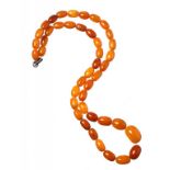 A NECKLACE OF 43 AMBER BEADS 27.5g