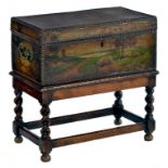 A DUTCH STYLE BRASS NAILED AND PAINTED LEATHER COVERED WOOD TRUNK, EARLY 20TH C the lid painted with