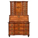 A GERMAN SERPENTINE WALNUT AND LINE INLAID BUREAU CABINET, C1750 the drawer to the superstructure in