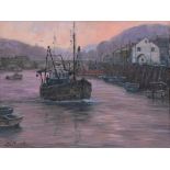 •†JOHN TRICKETT (1953-) LOOE HARBOUR AND BRIDGE CORNWALL signed, inscribed on the selvedge, oil on