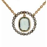 AN AQUAMARINE AND DIAMOND NECKLET in gold with cushion shaped aquamarine en tremblant, 4.4cm l, 5.7g