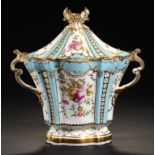 A JOHN RIDGWAY LIGHT BLUE GROUND POT POURRI VASE AND COVER, C1850 of flared oval shape, painted with