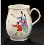 A WORCESTER BELL SHAPED FAMILLE ROSE MUG, C1768-70 enamelled to either side with 'mandarin'