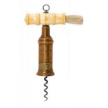 AN ENGLISH BRASS THOMASON TYPE DOUBLE-ACTION CORKSCREW, MID 19TH C the ringed barrel applied with