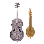 A GERMAN SILVER MINIATURE OR TOY VIOLIN the back hinged to form a box, 9cm l, import marked by James